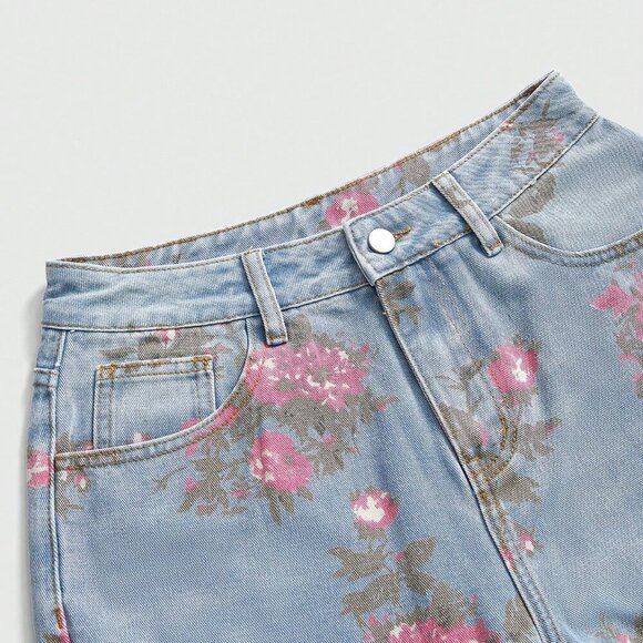 Pink Casual Women's Floral Print Washed Loose Wide-Leg Denim Jeans - Picture 4 of 4